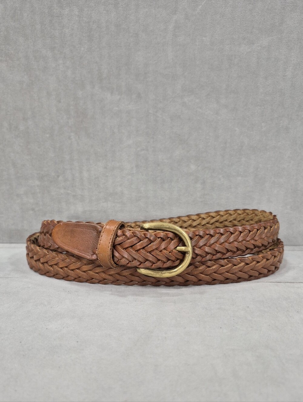Surrey braided leather belt women's medium brown flexible solid brass buckle